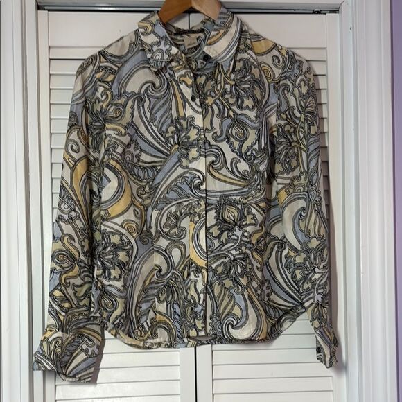 Sigrid Olsen Cream and Gray Graphic Button Down Blouse Size S - Picture 1 of 8